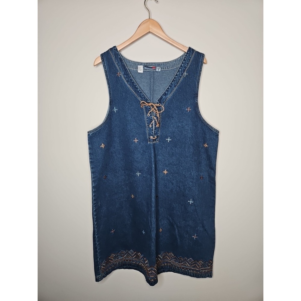 Vintage 90s Blue Denim Jumper Dress 1X Embroidered Boho Western Leather Tie Y2k